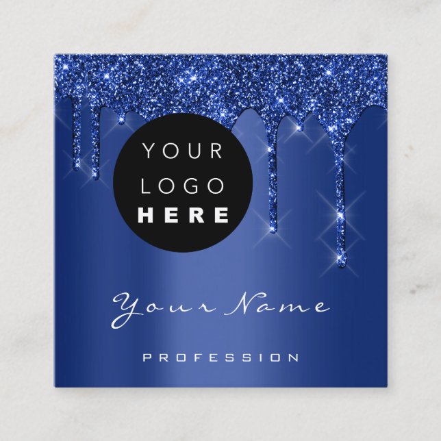 Logo Makeup Event Planner Glitter Navy Drips Square Business Card (Front)