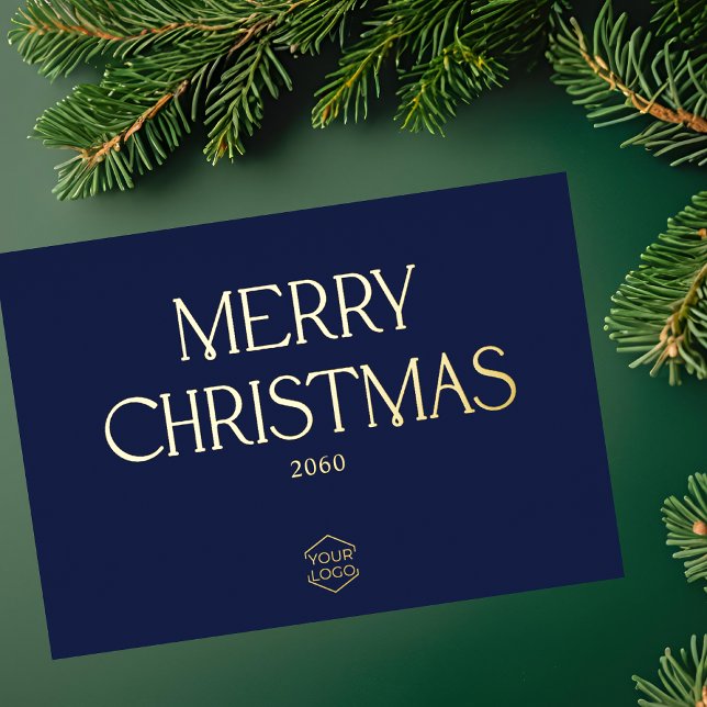Logo Merry Christmas Business Corporate Navy Blue Foil Holiday Card (Creator Uploaded)