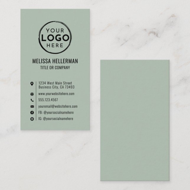 Logo Minimal Modern Vertical Sage Green Business Card (Front/Back)