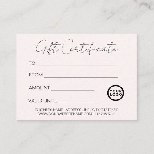 Logo Modern Elegant Blush Pink Gift Certificate