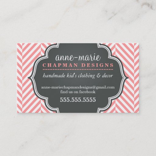 Customizable LOGO modern herringbone pattern coral badge grey Business Card Template