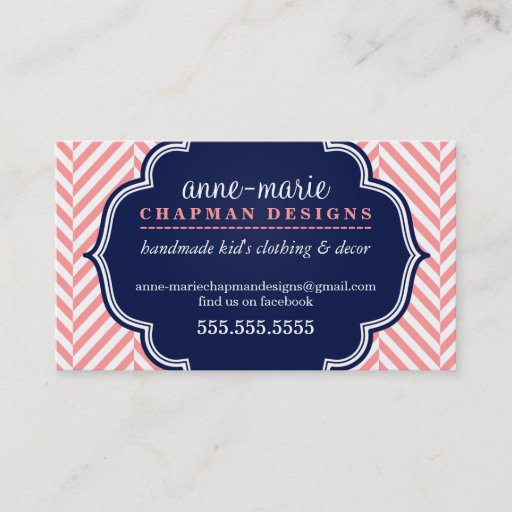 Customizable LOGO modern herringbone pattern coral badge navy Business Card Templates