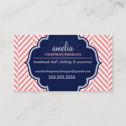 Customizable LOGO modern herringbone pattern coral badge navy Business Card Template