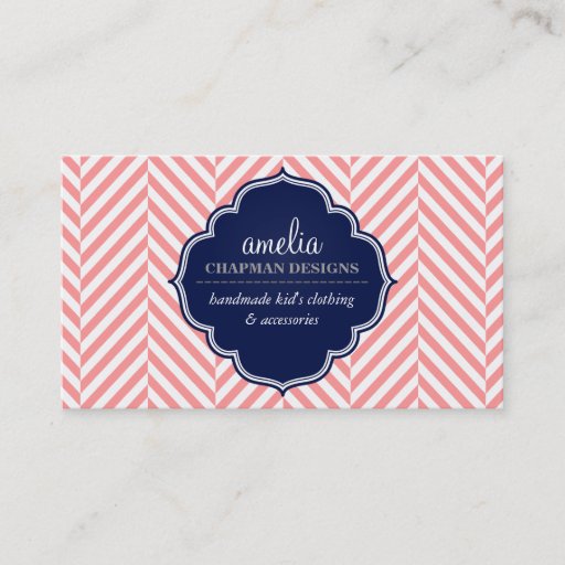 Customizable LOGO modern herringbone pattern coral badge navy Business Card Template