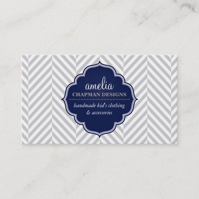 LOGO modern herringbone pattern grey badge navy Business Card (Front)