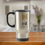 Logo monogram name business  travel mug<br><div class="desc">A transparent background. Personalize and add your business logo (3),  a name and monogram initials (3). The name is written in white with modern white and golden block letters.  You can add your brand logo.</div>