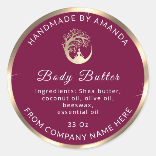 Logo Name Body Butter Cosmetic Gold Burgundy  Classic Round Sticker
