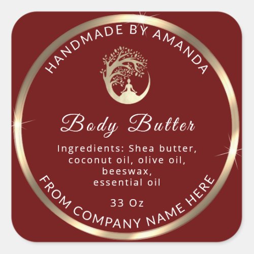 Logo Name Body Butter Cosmetic Gold Burgundy Square Sticker