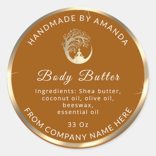 Logo Name Body Butter Cosmetic Gold Dark Brown Classic Round Sticker