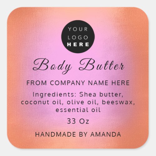 Logo Name Body Butter Cosmetic Soap Orange Pink Square Sticker