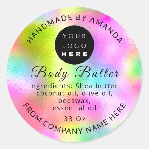 Logo Name Body Butter Cosmetics Holograph Bright Classic Round Sticker