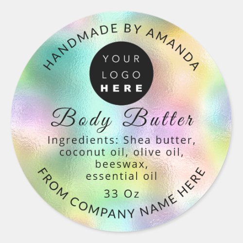 Logo Name Body Butter Cosmetics Holograph Green Classic Round Sticker