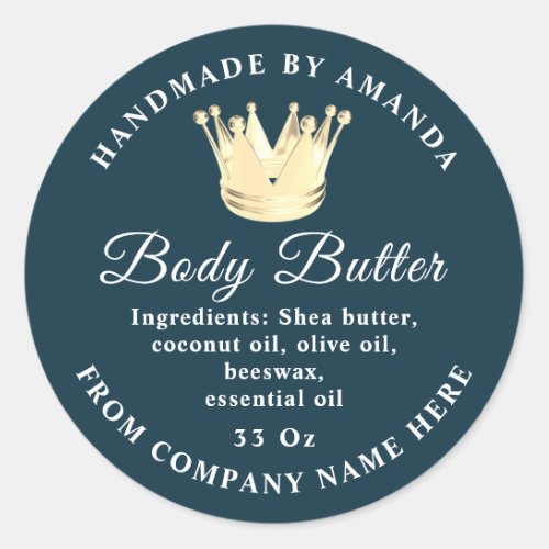 Logo Name Body Butter Scrub Golden Crown Blue Classic Round Sticker