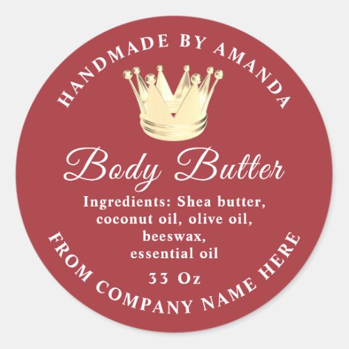 Logo Name Body Butter Scrub Golden Crown Burgundy Classic Round Sticker