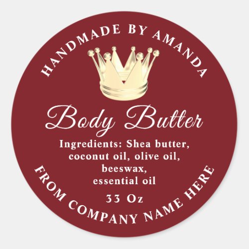 Logo Name Body Butter Scrub Golden Crown Maroon Classic Round Sticker