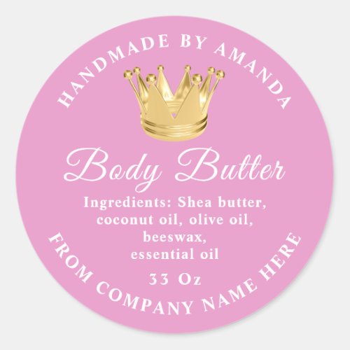 Logo Name Body Butter Scrub Golden Crown Pink Classic Round Sticker