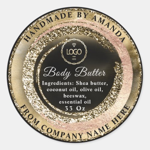 Logo Name Body Butter Scrub Logo Black Frame Gold  Classic Round Sticker