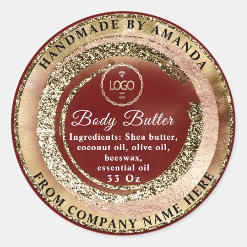 Logo Name Body Butter Scrub Logo Burgundy Gold  Classic Round Sticker