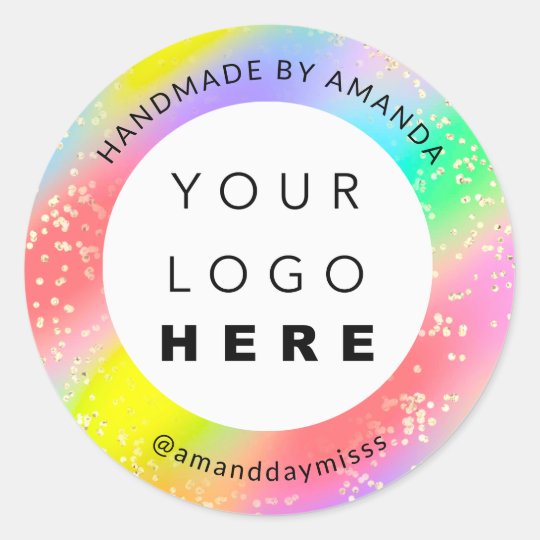 Logo Name Gold Confetti Holographic Rainbow Classic Round Sticker ...