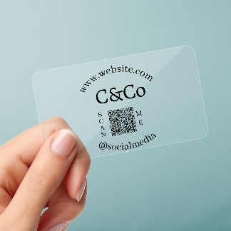logo name letter company social media website QR Clear Business Cards