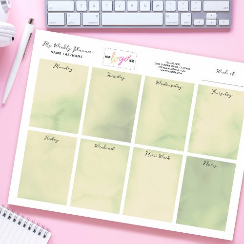 Logo Name Olive Green Watercolor Weekly Planner Notepad