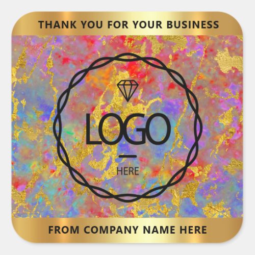 Logo Name Thank Business Gold Holograph Marble Square Sticker