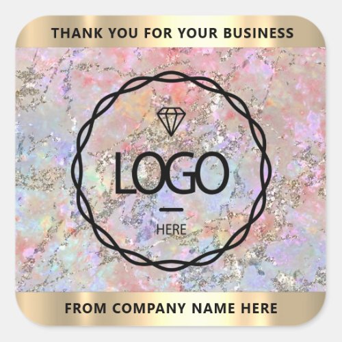 Logo Name Thank Business Marble Silver Holograph Square Sticker