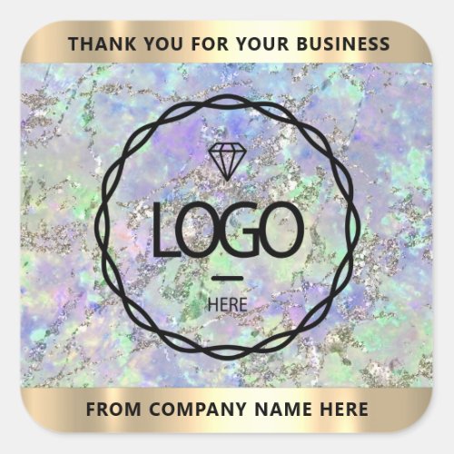 Logo Name Thank Business  Silver Holograph Blue Square Sticker