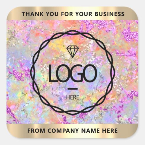 Logo Name Thank Business  Silver Holograph Pink Square Sticker