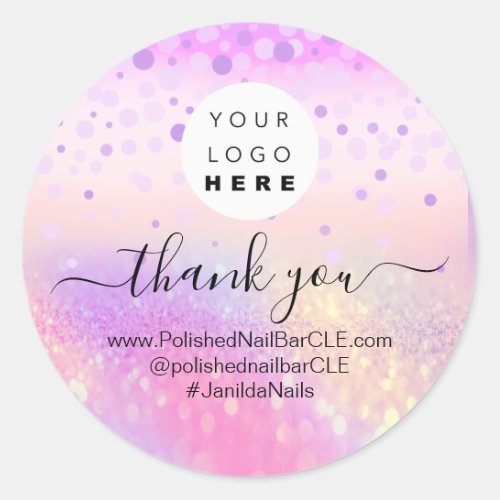 Logo Name Thank You Business Pink Rose Glitter Classic Round Sticker