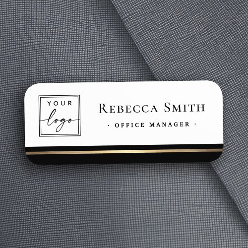 Logo name title black border white modern name tag