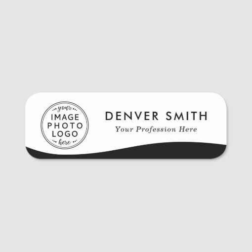 Logo name title black wave white modern name tag Zazzle