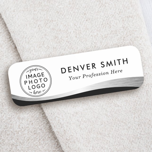 Logo name title black white faux silver gradient tag (Custom logo name tag with black and silver gray gradient wave)