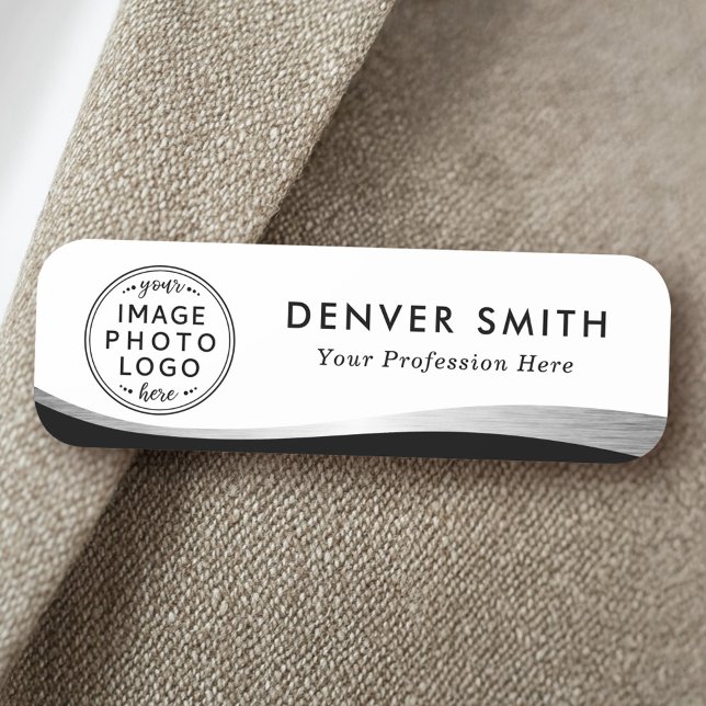 Logo name title black white faux silver gradient tag (Custom logo name tag with black and silver gray gradient wave)