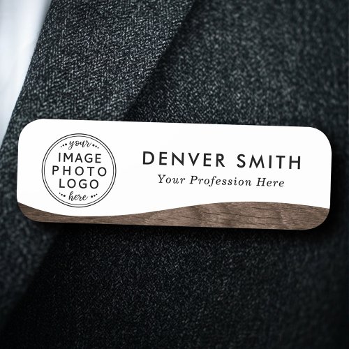 Logo name title brown wood grain wave white modern name tag