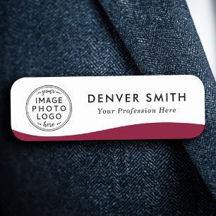 Logo name title burgundy wave white modern name tag
