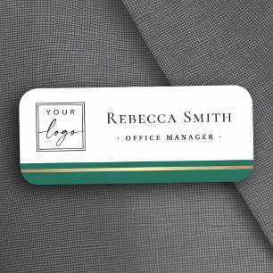 Logo name title forest green border white modern name tag