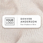 Logo name title light gray divider white name tag<br><div class="desc">White name tag with your custom name and title. The name and logo is separated by a thin,  light gray divider. Upload your own logo and create name tags for your business or event. You can change font and background colors with the design tool.</div>