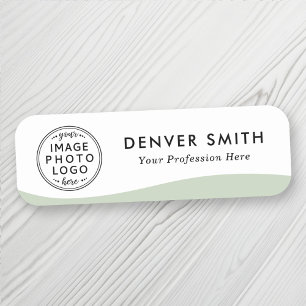 Logo name title light sage green wave white modern name tag