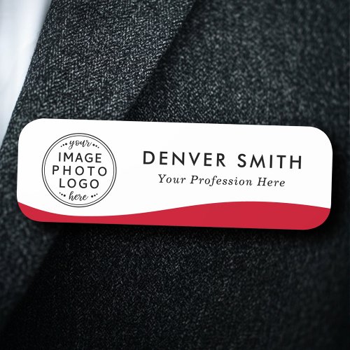 Logo name title red wave white modern name tag