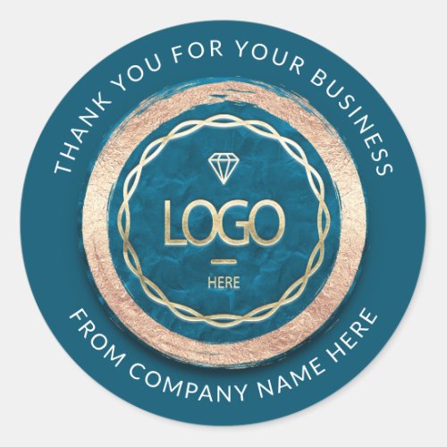  Logo Name Web Thank You Teal Blue Golden Frame Classic Round Sticker