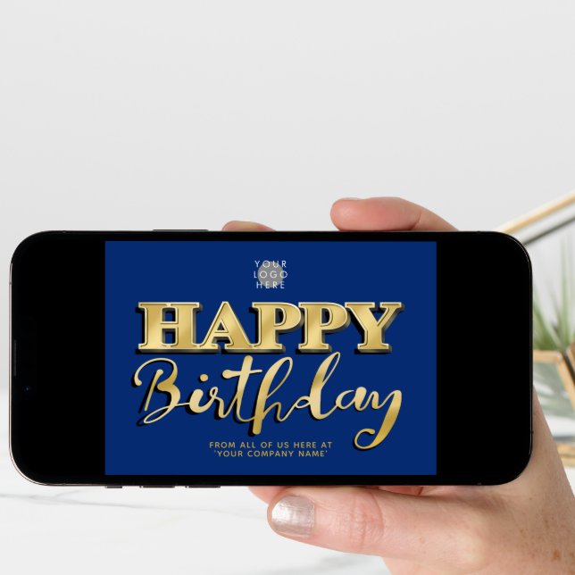 Logo Navy Blue Gold Lettering Business Birthday  Card (Front Digital)