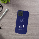 Logo navy blue white monogram initials business iPhone 16 case<br><div class="desc">Navy blue background and white text. Personalize and add your business,  company logo,  monogram initials and name.</div>