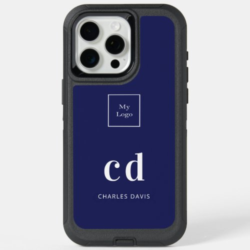 Logo navy blue white monogram initials business iPhone 15 pro max case