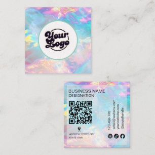 Logo Opal stone holographic monogram Qr Code Square Business Card