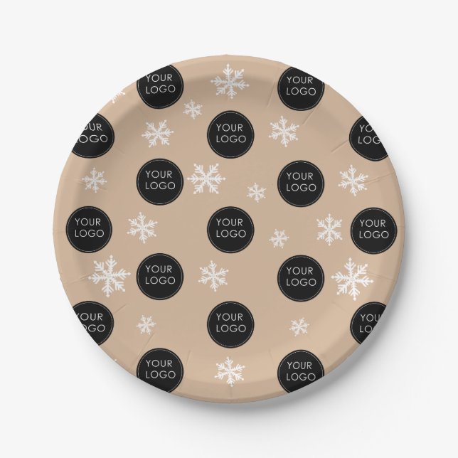 Logo Pattern Company Business Christmas Snowflakes Paper Plates (Front)