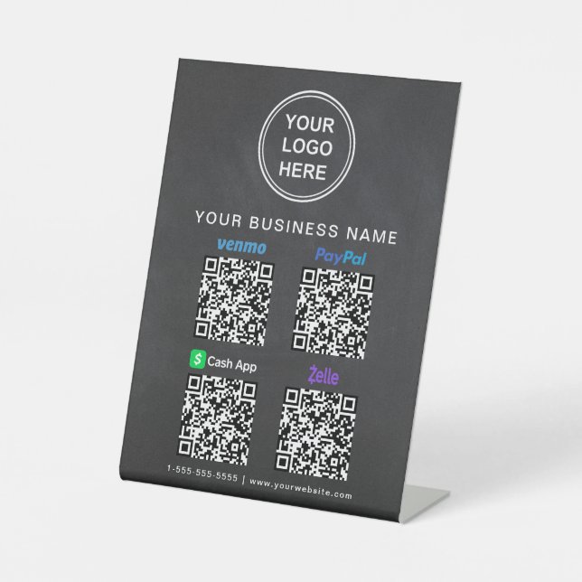 Logo Paypal Venmo CashApp Zelle QR Code Chalkboard Pedestal Sign (Front)