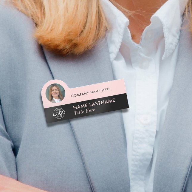 Logo Photo ID Modern Blush Pink Black Business Name Tag (Creator Uploaded)