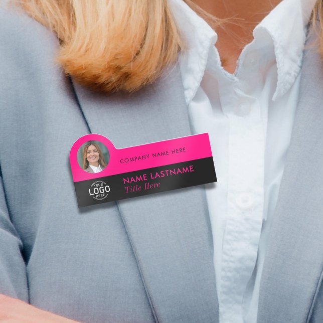 Logo Photo ID Modern Hot Pink Black Business Title Name Tag (Creator Uploaded)