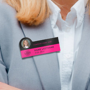 Logo Photo ID Stylish Magenta Pink Black Business Name Tag